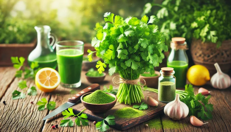 A bunch of fresh cilantro leaves on a rustic wooden table, surrounded by detoxifying ingredients like garlic, lemon, and chlorella powder. A green detox smoothie sits nearby, enhancing the natural cleansing theme. The background is softly blurred with an earthy, organic setting.