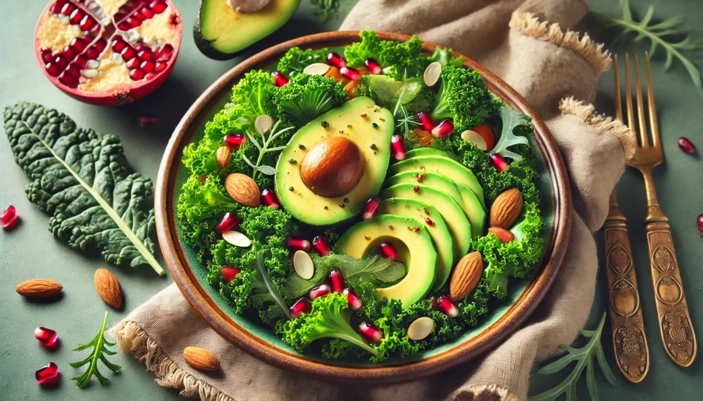 How to Detox Your Body: Best Foods and Strategies for a Natural Cleanse 3 A fresh detox salad with kale, avocado, pomegranate seeds, and sliced almonds, served on a ceramic plate. The colorful ingredients are arranged beautifully to highlight their cleansing and nutrient-rich properties.