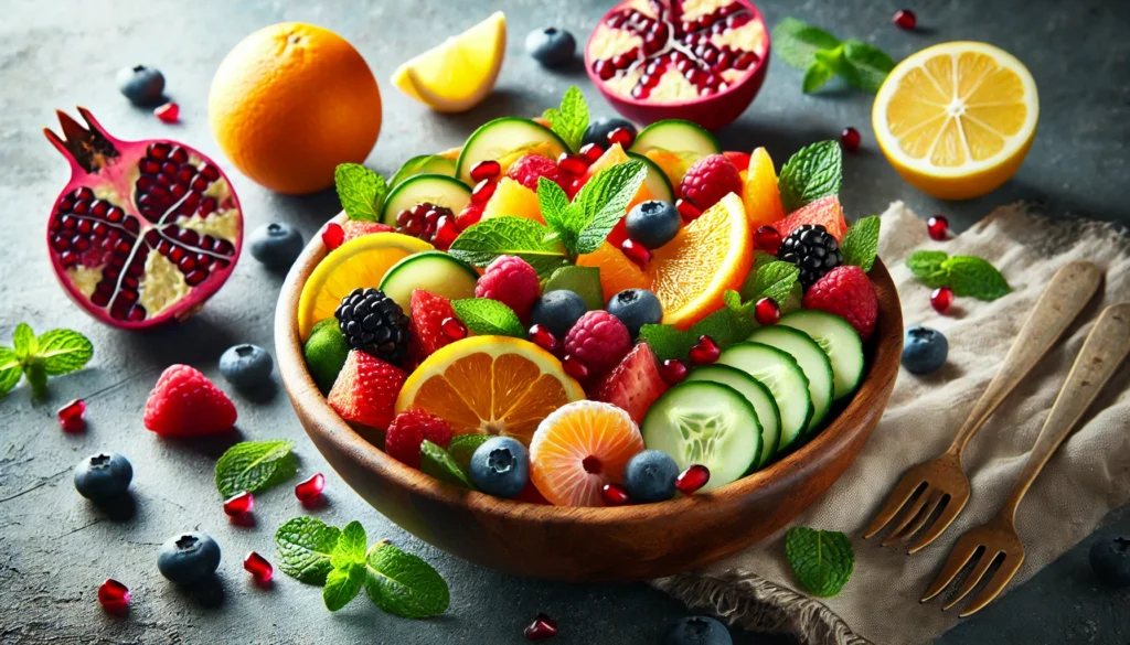Fruity Detox: Cleanse Your Body Naturally with Nutrient-Rich Fruits 3 A fresh fruit detox salad served in a large wooden bowl, featuring a mix of citrus slices, berries, pomegranate seeds, and thinly sliced cucumber, lightly dressed with lemon juice and garnished with mint leaves.