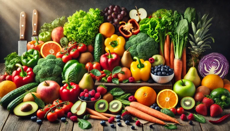 A vibrant assortment of fresh fruits and vegetables, including bell peppers, leafy greens, tomatoes, carrots, apples, berries, and citrus fruits, arranged on a rustic wooden table with natural lighting.