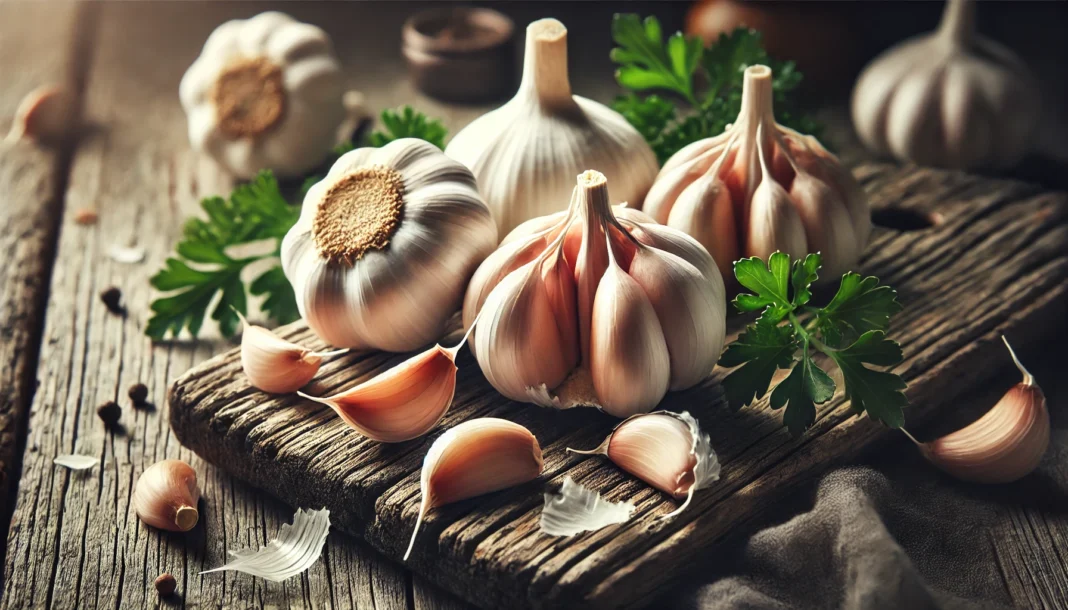 A close-up of fresh garlic bulbs and cloves on a rustic wooden surface, with soft lighting emphasizing their natural texture and detoxifying properties.
