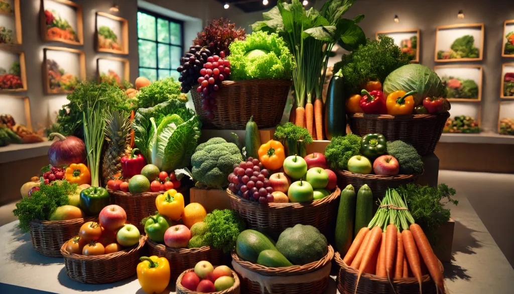 Fruit and Vegetable Diet: How Eating More Produce Boosts Health and Detoxification 3 A market-style display of fresh fruits and vegetables in woven baskets, including leafy greens, bell peppers, grapes, apples, carrots, and zucchini, arranged with a natural and organic feel under bright lighting.