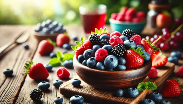 A vibrant assortment of antioxidant-rich berries, including blueberries, raspberries, strawberries, and blackberries, arranged in small bowls on a rustic wooden table. The fresh berries glisten with natural moisture, emphasizing their freshness and health benefits.
