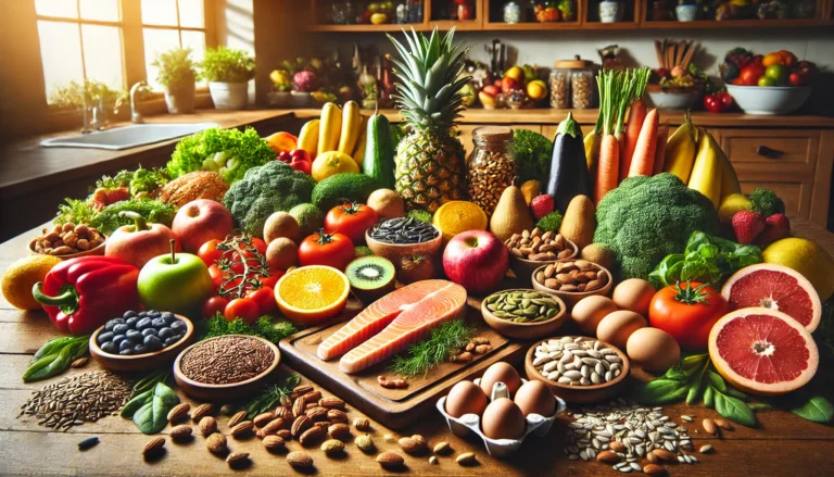 A vibrant display of fresh, non-processed foods arranged on a wooden kitchen counter, including colorful fruits, vegetables, nuts, seeds, whole grains, and lean proteins like salmon and eggs. Natural lighting highlights the freshness and health benefits.