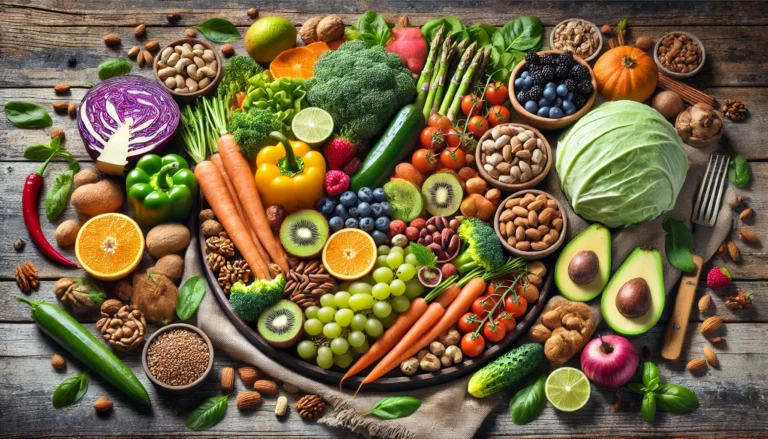 A beautifully arranged platter of clean, whole foods including fresh vegetables, fruits, nuts, and lean proteins on a rustic wooden table. The vibrant colors and natural textures highlight the freshness and health benefits of the ingredients.