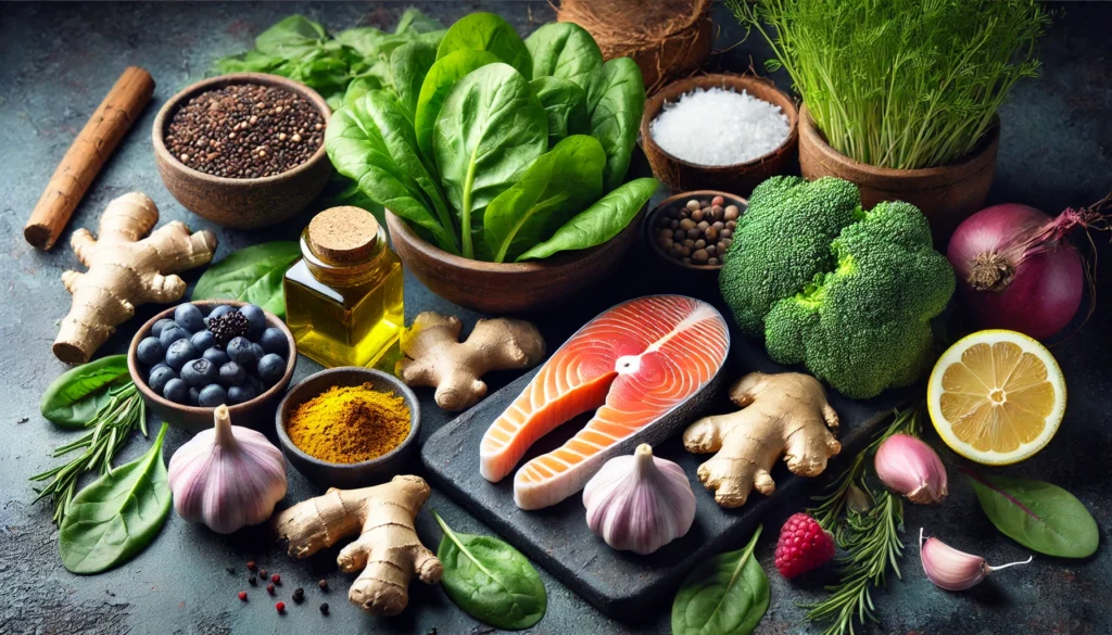 Foods That Kill Mold in the Body: A Natural Approach to Detox and Recovery 2 A fresh and natural display of mold-fighting foods on a dark stone countertop, including leafy greens, garlic, ginger, turmeric roots, coconut oil, wild-caught salmon fillet, and a bowl of mixed berries. Diffused lighting enhances the vibrant colors and textures.