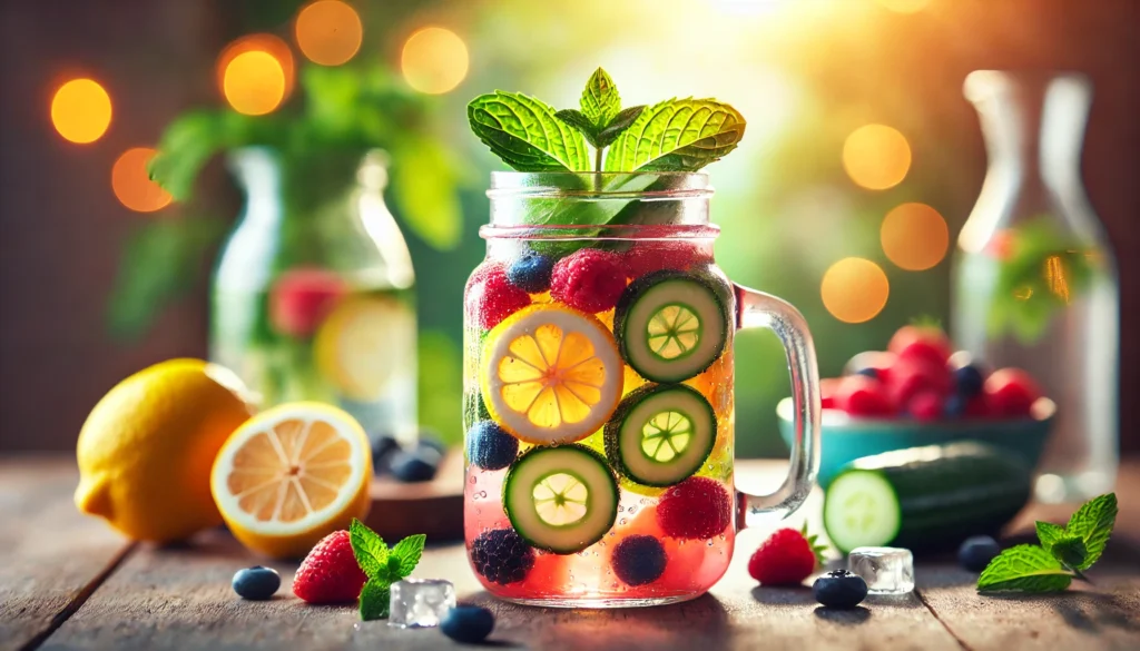 Fruity Detox: Cleanse Your Body Naturally with Nutrient-Rich Fruits 1 A vibrant fruity detox water with fresh lemon, cucumber, and berry slices infused in a clear glass jar. The water is filled with ice and garnished with mint leaves, creating a refreshing and cleansing aesthetic under soft natural lighting.