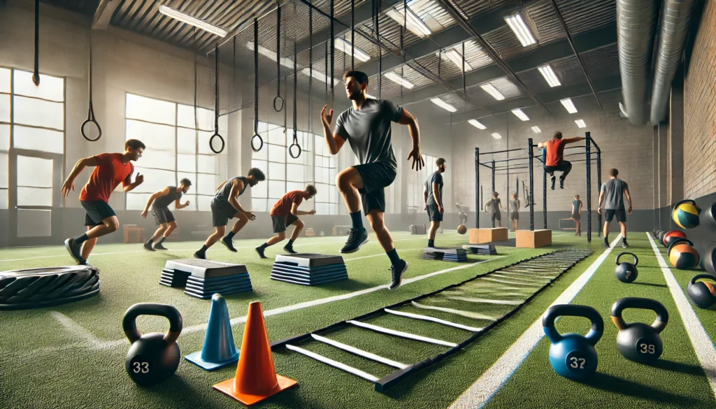 What Is Functional Movement? A Guide to Daily Mobility and Injury Prevention 2 Athletes performing functional movement drills in a professional sports training facility, engaging in agility ladder drills, plyometric jumps, sled pushes, and kettlebell swings. The facility features turf flooring, cones, and resistance equipment, focusing on strength, speed, and mobility.