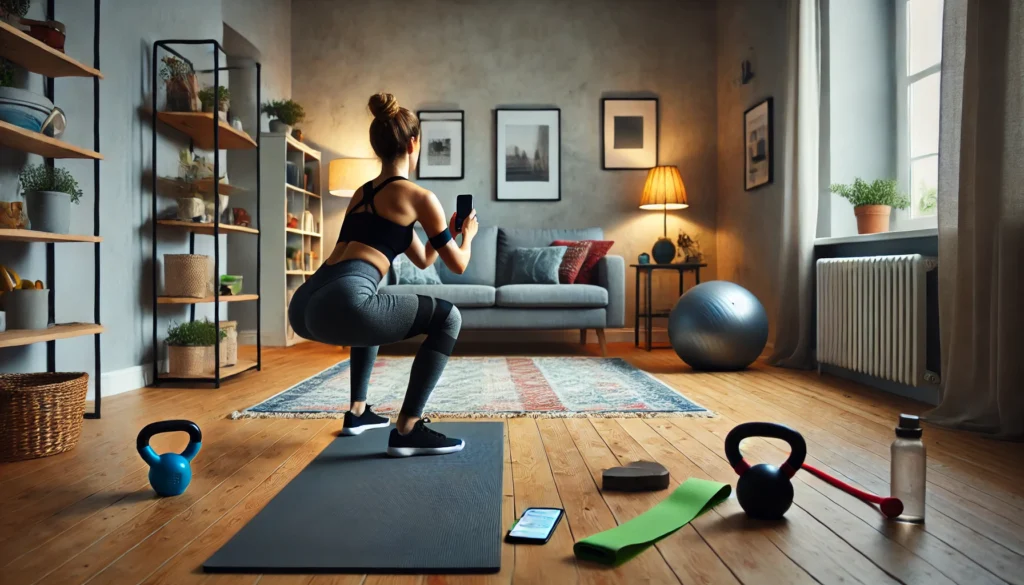 A person performing functional movement exercises in a cozy living room, engaging in bodyweight squats, lunges, and resistance band workouts. The space includes a yoga mat, kettlebells, and a stability ball, emphasizing practical fitness for strength and mobility at home.