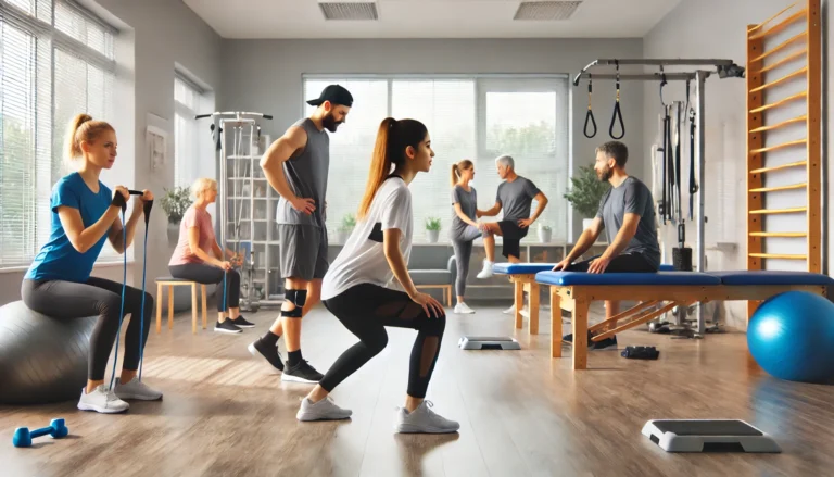 Patients practicing functional movement therapy in a rehabilitation center, performing balance training, assisted squats, and resistance band exercises under the supervision of physical therapists. The environment is bright and spacious with specialized mobility and recovery equipment.