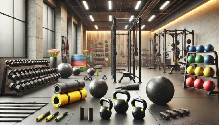 A modern gym setup featuring kettlebells, resistance bands, foam rollers, and mobility sticks, designed for strength and mobility training. The space is well-lit and organized for functional movement exercises.