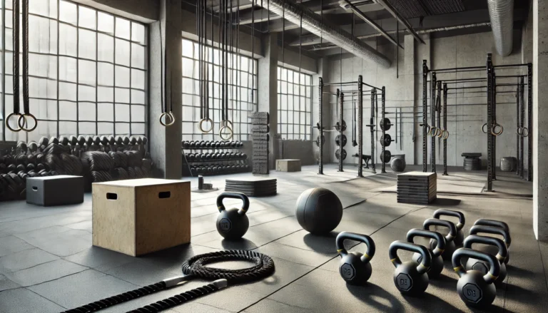 A modern gym setup featuring functional training equipment such as kettlebells, battle ropes, plyometric boxes, and medicine balls. The space is sleek, well-lit, and optimized for high-performance workouts.