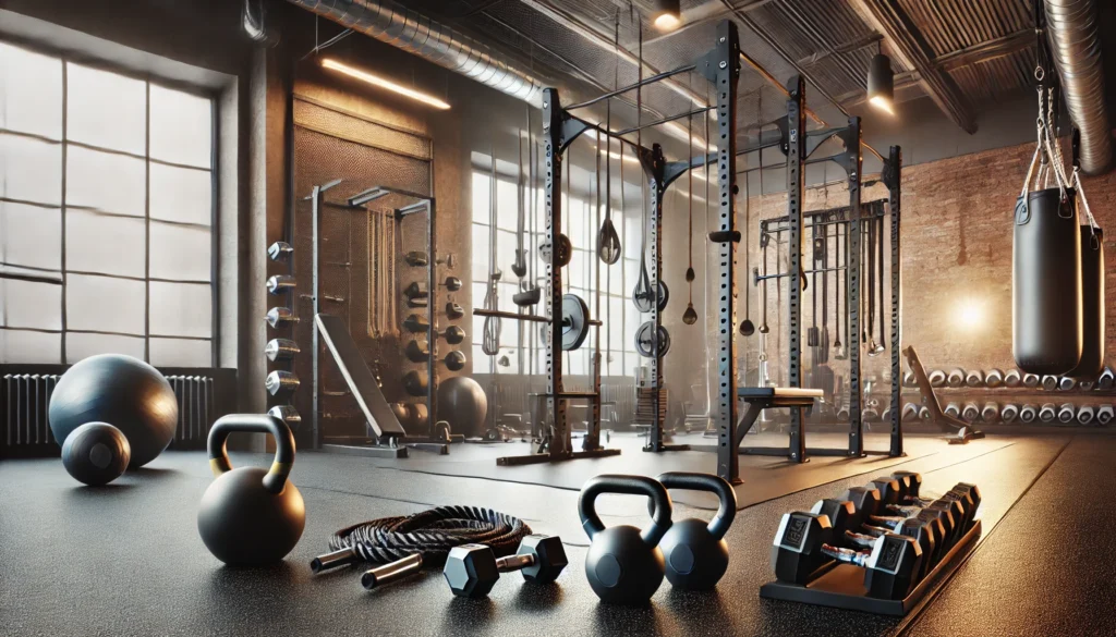 Functional Upper Body Workout: Enhance Strength, Mobility, and Everyday Performance 3 A modern gym setup focused on functional upper body training equipment. The scene includes a pull-up bar station, kettlebells, battle ropes, dumbbells, and cable machines neatly arranged. The gym features an industrial design with rubber flooring, exposed brick walls, and bright lighting, creating a professional workout environment.