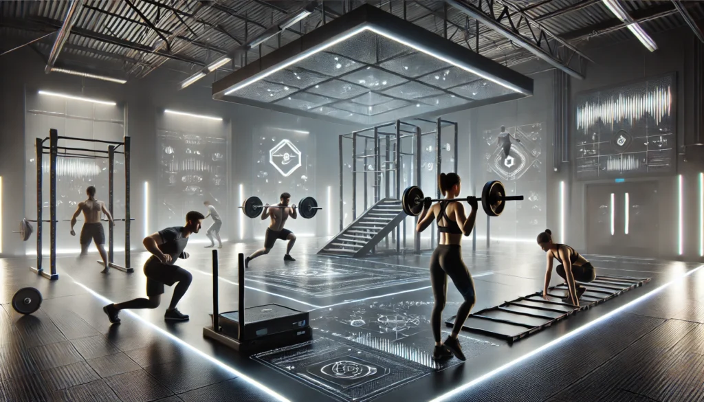 A high-tech gym with athletes engaged in functional strength training, including weighted sled pushes, single-arm dumbbell snatches, and agility ladder drills. The facility features LED lighting, advanced gym equipment, and a dark industrial design.