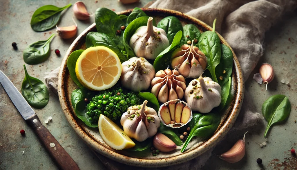 Garlic for Detox: How This Powerful Superfood Supports Cleansing and Health 3 A beautifully plated detox meal featuring roasted garlic cloves, fresh greens, and lemon wedges, served on a ceramic dish with rustic, natural lighting.