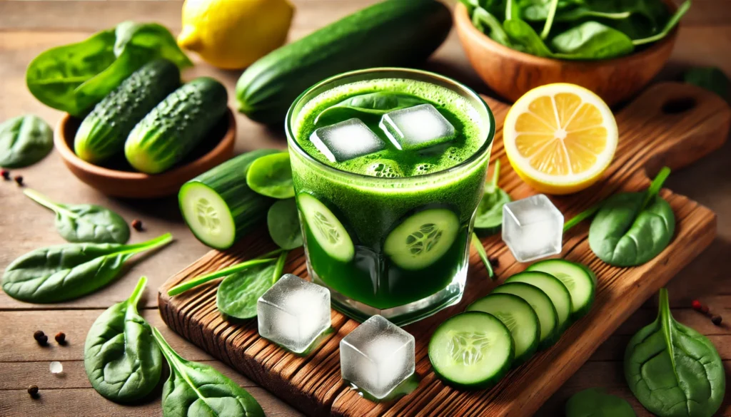 A refreshing glass of green detox juice made from spinach, cucumber, and lemon, with ice cubes floating on top. The drink is placed on a wooden surface with fresh green ingredients scattered around, symbolizing its cleansing and health-boosting properties.