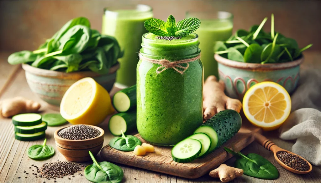 A vibrant green detox smoothie in a glass jar with a sprig of mint, surrounded by fresh detoxifying ingredients like spinach, cucumber, lemon, ginger, and chia seeds. The setup is placed on a natural wooden surface, emphasizing freshness and natural cleansing.