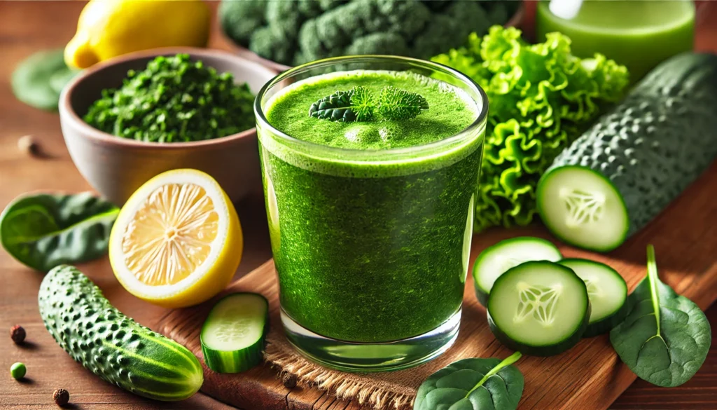 A glass of green detox smoothie made from fresh kale, spinach, cucumber, and lemon, placed on a wooden countertop with fresh ingredients surrounding it, symbolizing its cleansing and health-boosting properties.