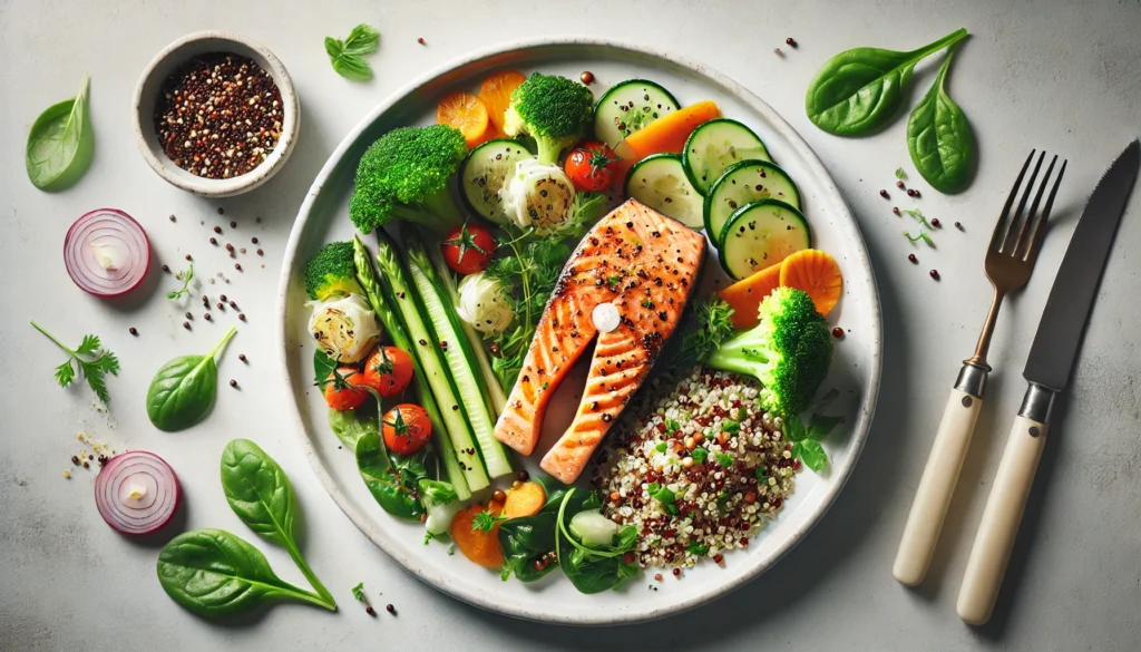 Clean Food List: The Best Nutrient-Dense Foods for a Healthier Diet 3 A beautifully arranged plate of grilled salmon with steamed vegetables, quinoa, and a side of fresh greens. The dish is presented on a white plate, with a minimalist background to emphasize the clean and nutritious ingredients.