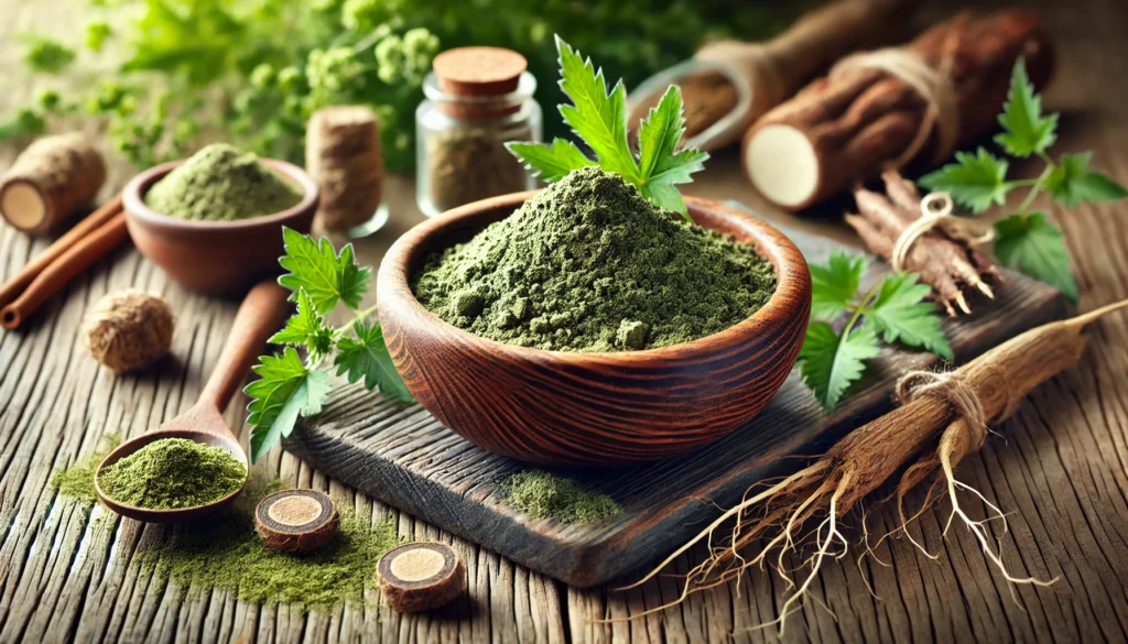 Blood Detox Herbs: Natural Ways to Cleanse and Purify Your Blood 2 A wooden bowl filled with freshly ground blood detox herbs, made from dried dandelion, burdock root, and nettle. A wooden spoon with powdered herbs rests beside the bowl, with whole dried herbs and fresh green leaves scattered around on a rustic wooden surface.