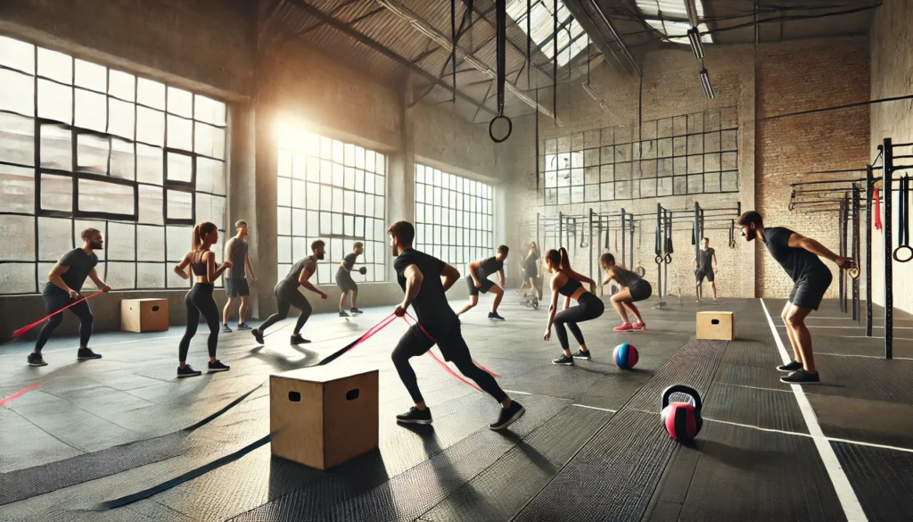 A group of people engaged in a high-energy functional training session using resistance bands, medicine balls, and plyometric boxes. The bright, spacious gym features large windows and an open floor plan with rubber flooring, fostering a dynamic workout atmosphere.