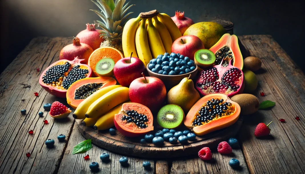 A vibrant assortment of gut-healthy fruits, including bananas, apples, blueberries, papaya, kiwis, and pomegranates, arranged on a rustic wooden table with soft natural lighting.