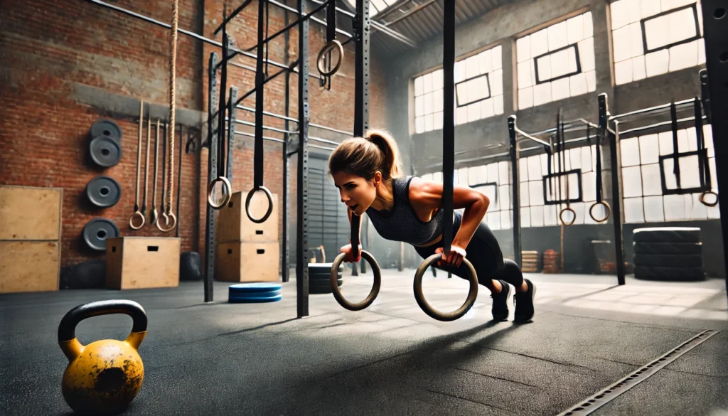 A fit woman performing push-ups on gymnastic rings in a gym, balancing her body with control while engaging her arms, shoulders, and chest. The gym features an industrial design with exposed brick walls, rubber flooring, and various functional training equipment such as kettlebells and resistance bands in the background.