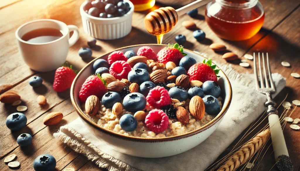 Clean Food List: The Best Nutrient-Dense Foods for a Healthier Diet 2 A nourishing breakfast bowl filled with oatmeal, fresh berries, nuts, and a drizzle of honey. The meal is served in a white ceramic bowl, placed on a rustic wooden table with natural lighting enhancing its warmth and health benefits.