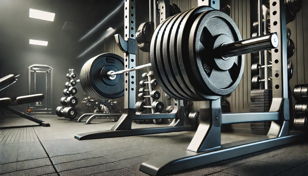 A close-up view of a heavy barbell loaded with weight plates resting on a squat rack in a professional gym. The gym setting features rubber flooring, strength training machines, and neatly arranged dumbbells in the background. The lighting highlights the sleek design of the equipment, creating a focused workout environment.