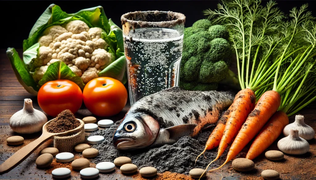 Understanding Heavy Metals: Sources, Health Risks, and Detox Strategies 2 A close-up of contaminated food and water, including fish with metallic residues, polluted water with visible particles, and vegetables grown in toxic soil. The image highlights the risk of heavy metal exposure through consumption.