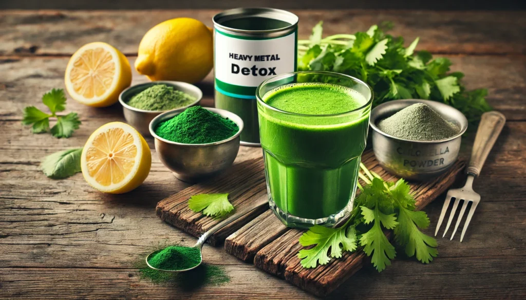 Best Heavy Metal Detox Supplements: How to Support Safe and Effective Cleansing 2 A vibrant green detox smoothie in a glass, surrounded by key heavy metal detox ingredients such as chlorella, spirulina, fresh cilantro, and lemon. The composition is set on a rustic wooden table, emphasizing a natural and healthy lifestyle.