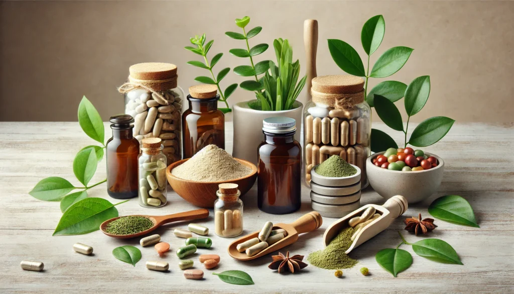 Best Heavy Metal Detox Supplements: How to Support Safe and Effective Cleansing 1 A variety of natural detox supplements for heavy metal removal, including capsules, powder-filled scoops, and herbal extracts. The supplements are displayed in an organized manner on a clean wooden surface with green leaves and a neutral background.