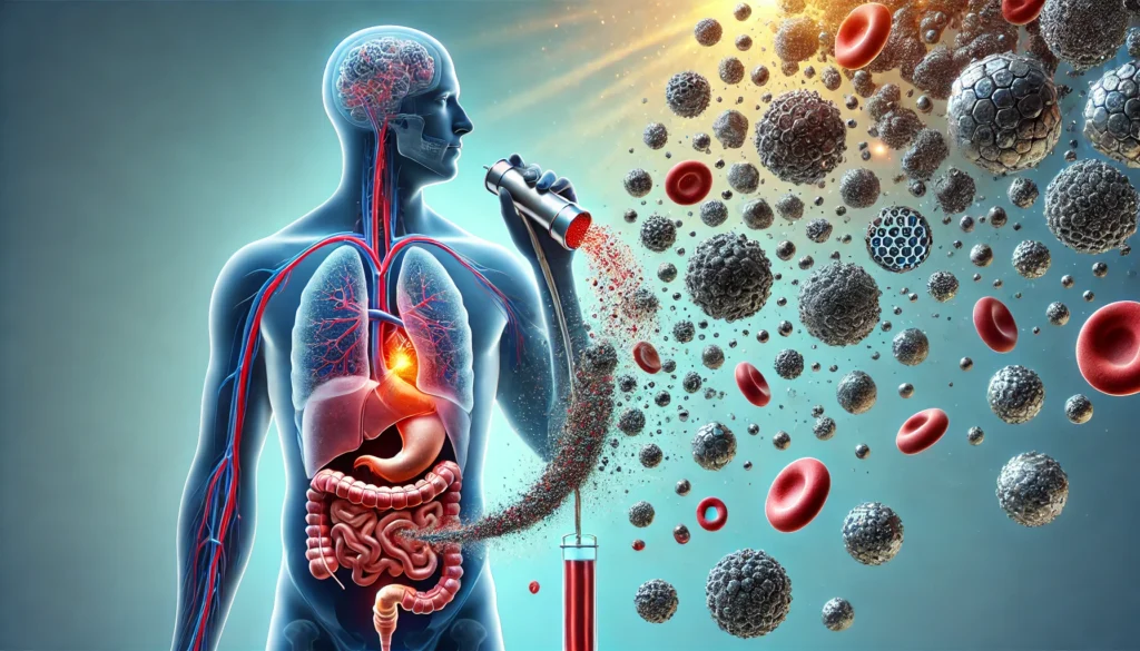 Chelation Therapy: How It Works, Benefits, and Risks for Heavy Metal Detoxification 1 A medical illustration of heavy metal detoxification in the human body. The image conceptually depicts microscopic metal particles being removed from the bloodstream by chelating agents. A glowing, clean bloodstream contrasts with dark, toxic metal particles being flushed away, set against a soft medical blue background.