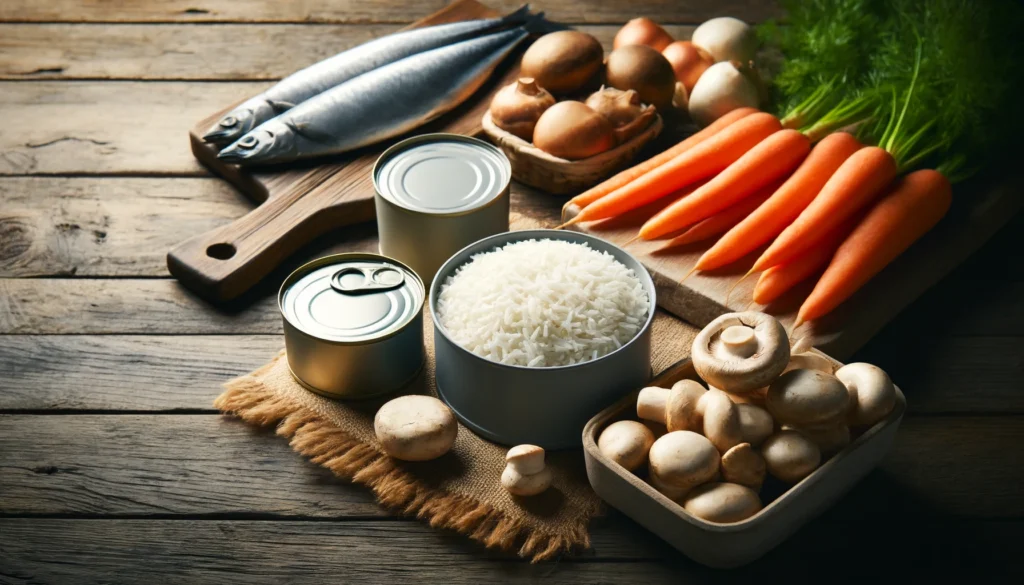 Foods High in Heavy Metals: What to Avoid and How to Reduce Exposure 3 A visually arranged selection of foods high in heavy metals, including canned tuna and sardines, a bowl of white rice, fresh mushrooms, and root vegetables such as carrots and sweet potatoes, displayed on a rustic wooden table under soft natural lighting.