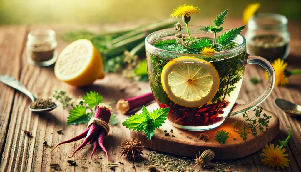 A clear glass cup filled with herbal blood detox tea infused with dandelion, burdock root, and nettle leaves, with floating fresh herbs and a lemon slice. The cup sits on a wooden surface surrounded by dried and fresh herbs, enhancing the warm and soothing essence of the tea.