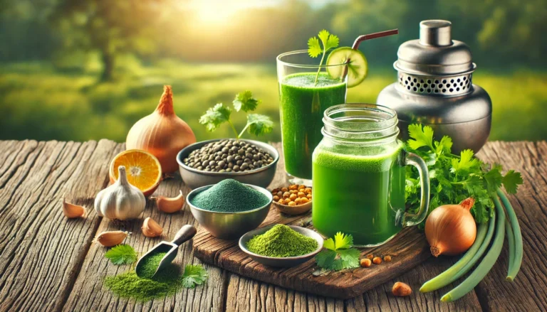 A rustic wooden table with a glass of green detox smoothie, a cup of herbal detox tea, and detoxifying ingredients like cilantro, chlorella, spirulina powder, garlic, onions, and turmeric. A blurred natural outdoor setting enhances the purity and wellness theme.