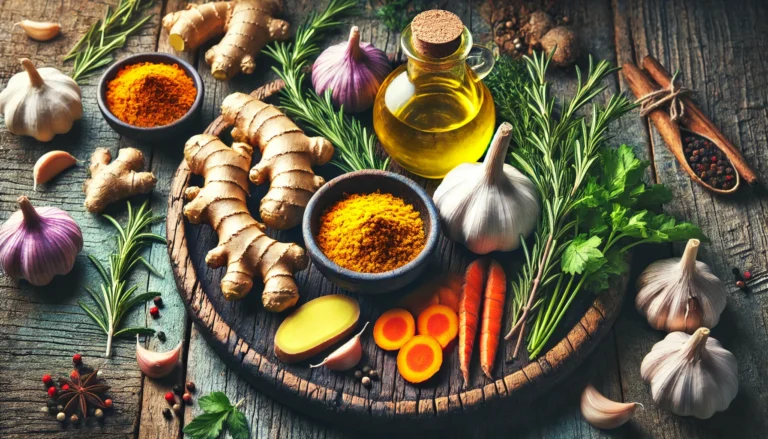 A vibrant selection of herbs known for promoting clean blood vessels, arranged on a rustic wooden surface. The assortment includes fresh garlic, ginger root, turmeric slices, rosemary sprigs, parsley, and a small bowl of olive oil.