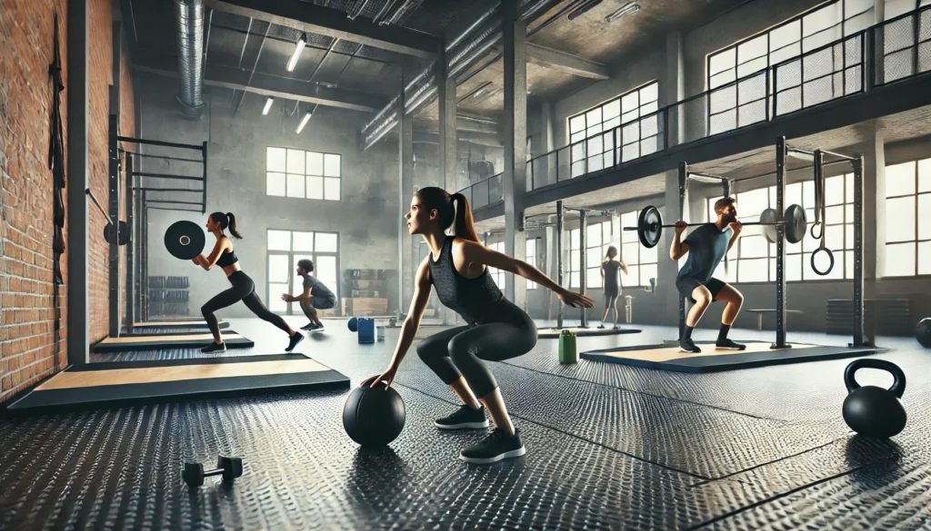 Core Workout for Women: Strengthen and Sculpt Your Midsection at the Gym 2 A dynamic gym environment where women engage in medicine ball lifts, weighted squats, and jumping lunges. The gym features rubber flooring, weight racks, and an industrial-style design, emphasizing endurance and power.