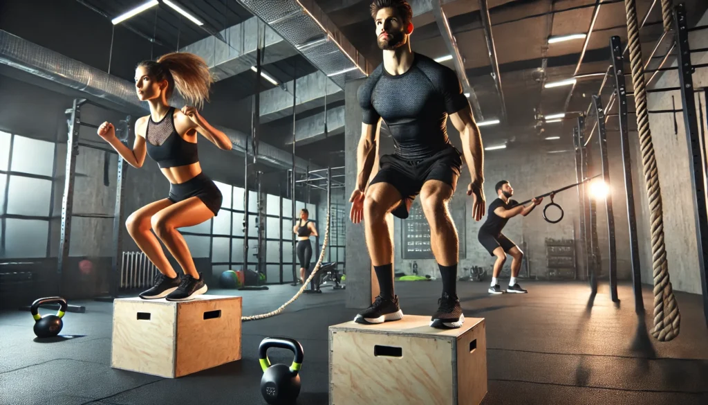 How a Functional Training Personal Trainer Can Elevate Your Strength and Mobility 3 A fit man performing box jumps and a woman doing kettlebell swings in a sleek, industrial-style fitness studio. The background features gym equipment such as resistance bands, battle ropes, and dumbbells, creating an energetic and motivating workout atmosphere.