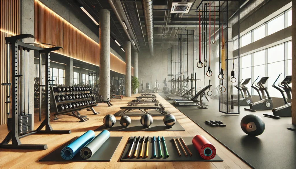 A bright and modern training facility with a dedicated mobility zone, equipped with balance trainers, resistance bands, foam rollers, and stretching mats, designed for strength and flexibility training.