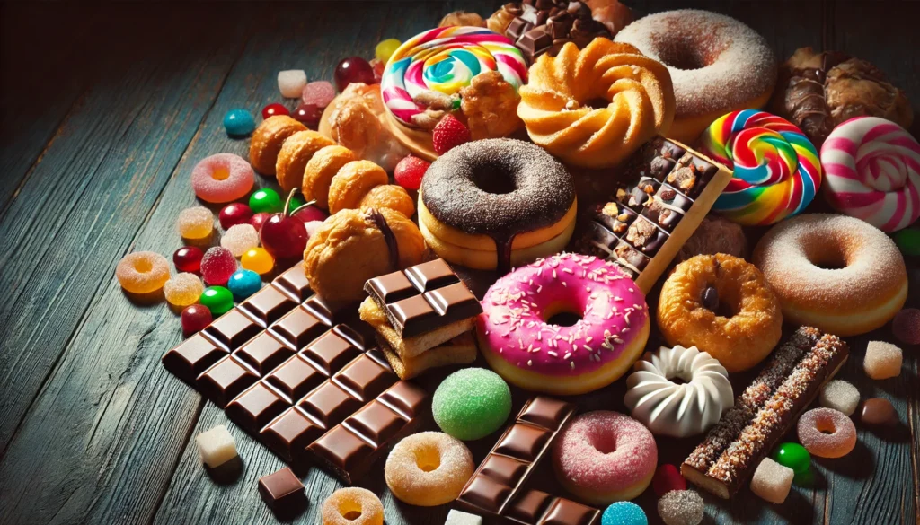 Foods to Avoid While Detoxing: What to Cut for a Successful Cleanse 1 A collection of sugary foods, including colorful donuts, pastries, chocolate bars, and candy, arranged on a dark wooden surface, with soft lighting highlighting their glossy textures.