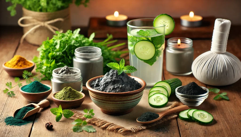 Effective Metal Detox: Natural Ways to Support Your Body’s Cleansing Process 3 A serene spa setting featuring a ceramic bowl with a detoxifying clay mask, alongside natural detox ingredients like bentonite clay, spirulina, coriander leaves, and activated charcoal. A glass of detox water with cucumber and mint adds to the peaceful cleansing ambiance, with soft candlelight and greenery in the background.