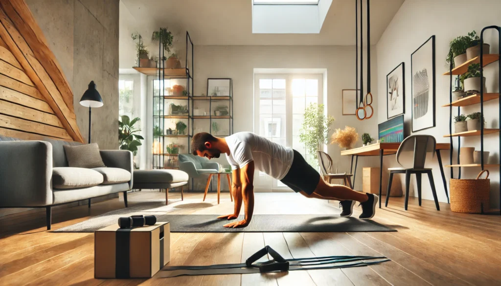 Functional Fitness Definition: How It Enhances Strength, Mobility, and Daily Life 3 A person performing functional fitness exercises at home, engaging in push-ups, squats, planks, and resistance band training in a bright, modern living room. The space is open and minimalistic, featuring natural lighting and a clean design, emphasizing strength, balance, and flexibility in a home workout setting.