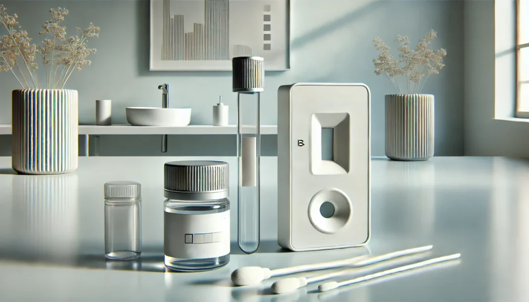 A modern home testing kit for heavy metals, neatly arranged on a clean, well-lit surface. The kit includes test tubes, collection swabs, and a small vial of reagent, set in a minimalistic clinical environment emphasizing ease of use and accuracy.