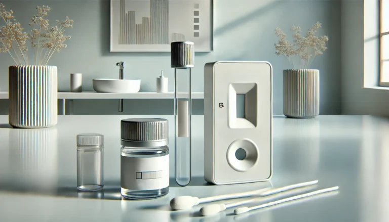 A modern home testing kit for heavy metals, neatly arranged on a clean, well-lit surface. The kit includes test tubes, collection swabs, and a small vial of reagent, set in a minimalistic clinical environment emphasizing ease of use and accuracy.
