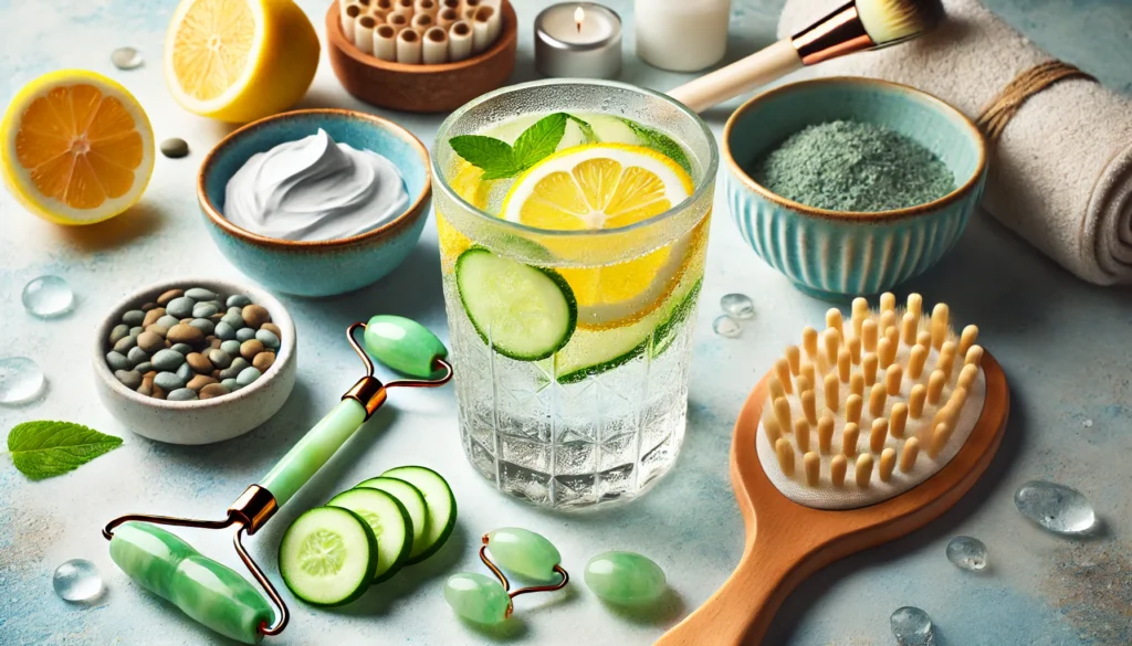 A refreshing skincare detox concept featuring a glass of infused water with lemon and cucumber, surrounded by skincare essentials like a jade roller, a facial brush, and a bowl of detox clay mask. The setting is bright and spa-like, emphasizing hydration and skin purification.