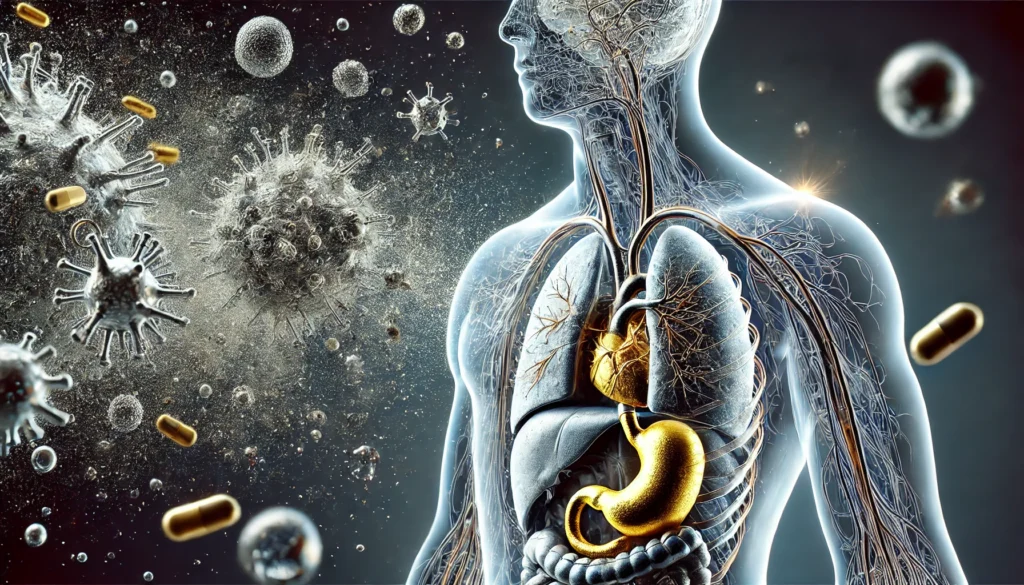 Understanding Heavy Metals: Sources, Health Risks, and Detox Strategies 3 A conceptual medical illustration depicting the effects of heavy metal poisoning on the human body. The image features a transparent human silhouette with metallic particles affecting the organs and bloodstream, with subtle highlights on the nervous system and key organs to indicate toxicity. The scene has a clean, scientific aesthetic.