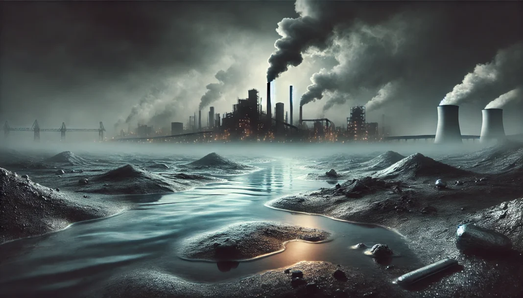 A factory emitting thick metallic fumes into the air, symbolizing cadmium exposure. The foreground features contaminated soil and water with a faint metallic sheen, representing environmental pollution. The dark and moody atmosphere highlights the hidden dangers of heavy metal toxicity.