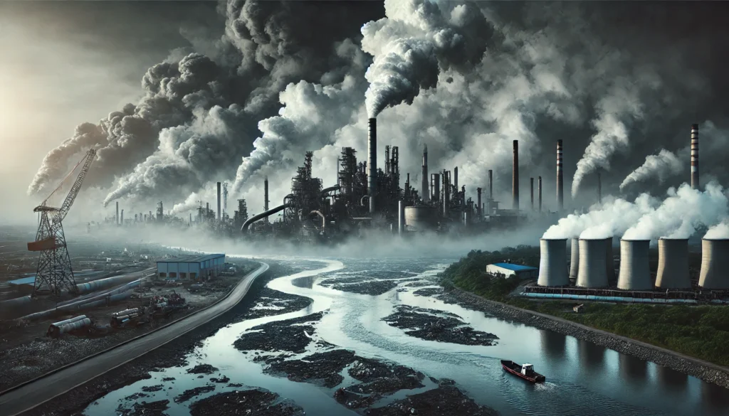 Understanding Heavy Metals: Sources, Health Risks, and Detox Strategies 1 A polluted industrial landscape with factories emitting smoke into the air and wastewater discharging into a river. The scene highlights the environmental sources of heavy metal contamination and its impact on health.