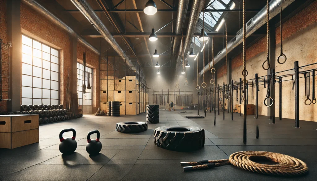 Functional Training for Women: Build Strength, Stability, and Everyday Fitness 2 A spacious industrial-style gym featuring functional training tools such as sandbags, sleds, tires, and battle ropes. The area is designed for endurance and strength workouts, with a well-lit and open atmosphere.